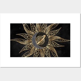 Modern Gold Sun Moon Planet Universe Mandala Posters and Art